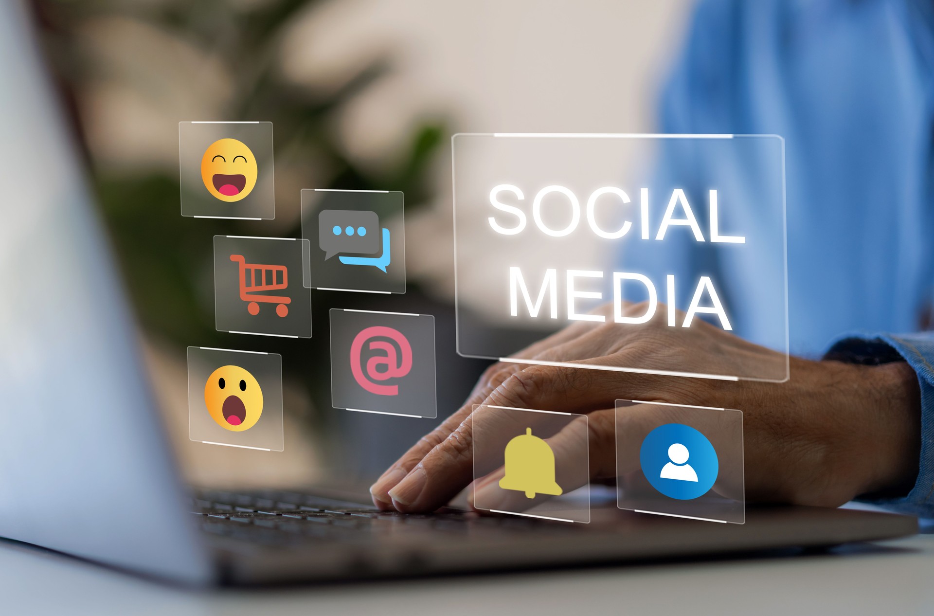 Concept of social media communication and digital online, people use laptop playing with icon online social media, online marketing, technology, chat, post, like, follow at phone screen