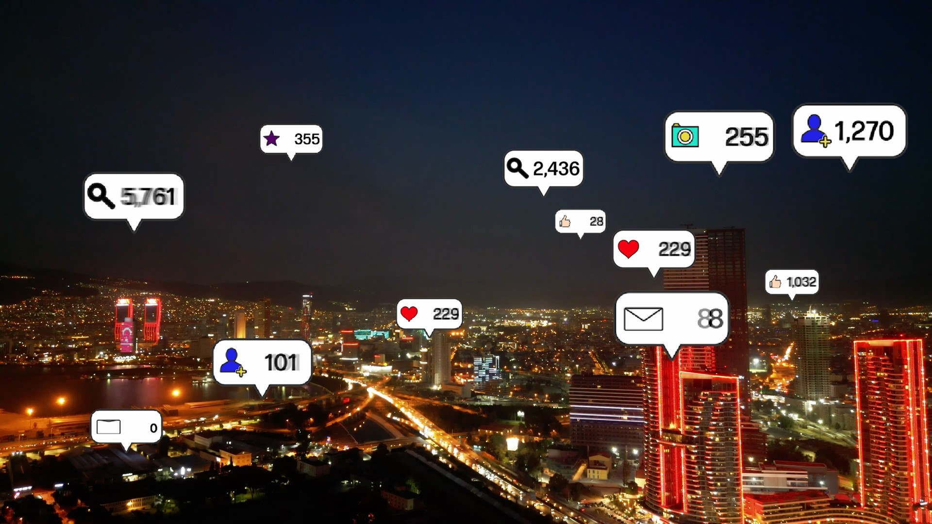 Social media icons fly over city downtown showing people engagement connection through social network application platform . Concept for online community and social media marketing strategy .