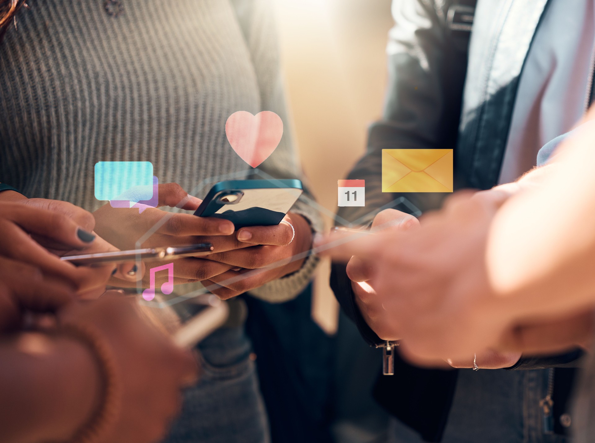 Phone, community or hands on social media app for social networking, chatting or texting with online friends. Calendar schedule, digital technology or people sharing music, data or messages outdoors