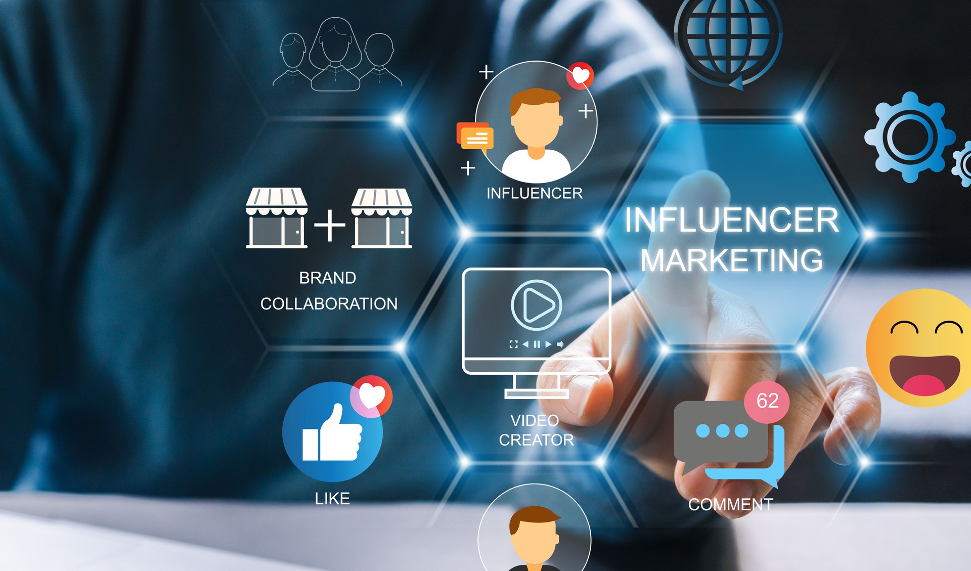 Business professional with influencer marketing strategy and social media engagement, likes, followers, video content and messages, digital marketing techniques, social media and business strategy